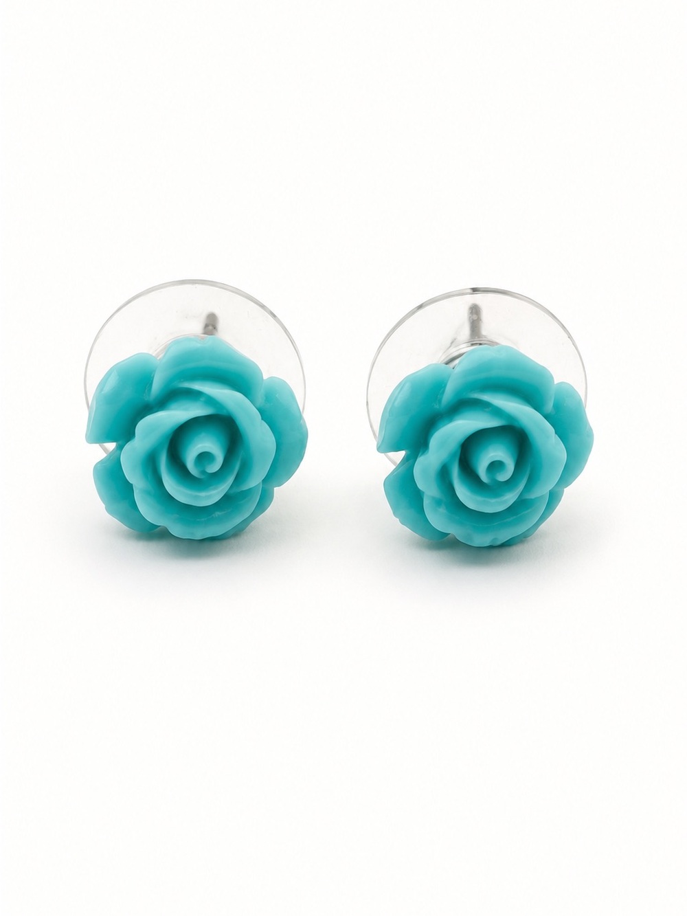 Turquoise Rose Flower Stud Earrings Floral Resin Silver Tone Posts